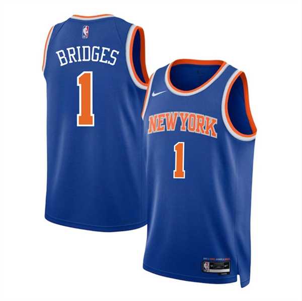 Men%27s New Yok Knicks #1 Mikal Bridges Blue Icon Edition Swingman Stitched Basketball Jersey Dzhi